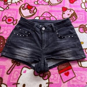 ROMWE Black Denim Skull Shorts with Studded Details